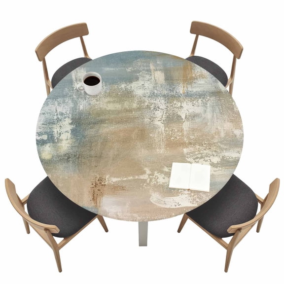 Blue Brown Fitted Tablecloth with Elastic Edged, Round Table Cloth for Dining Table, Vintage Modern Oil Painting Art Abstract Waterproof Oil Proof Table Cover for Indoor Outdoor 55"-60"