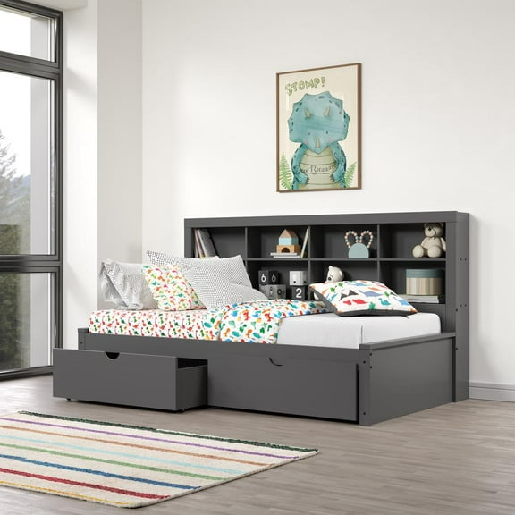 Donco Kids Bookcase Twin Daybed with Dual Underbed Drawers, Twin, Dark Grey