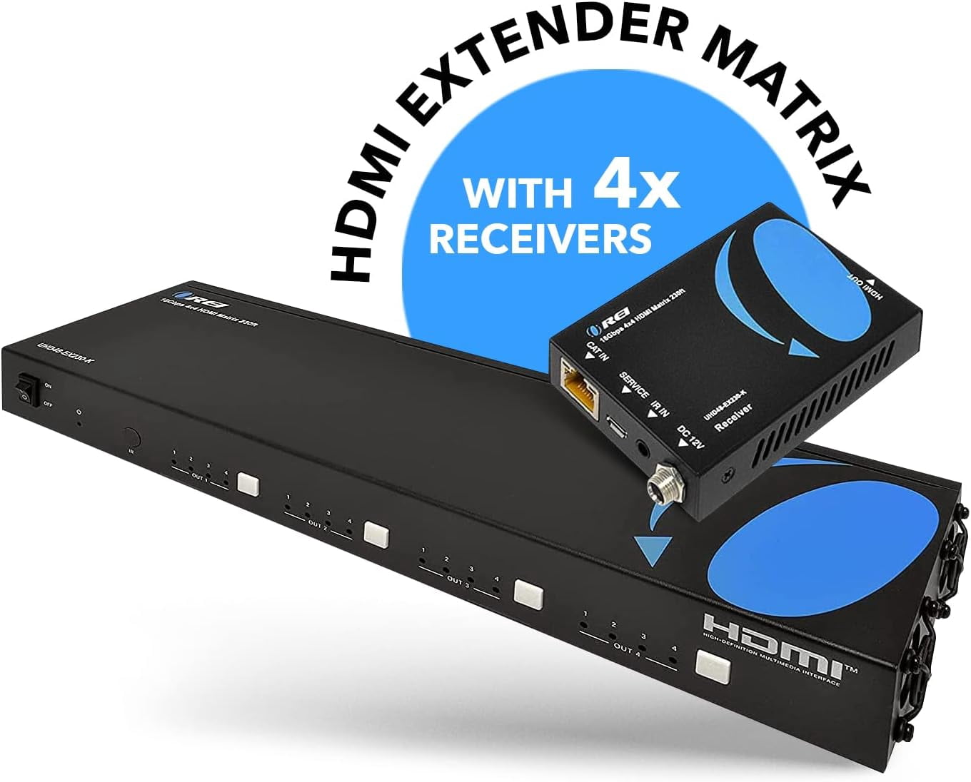 OREI UHD48-EX230-K 4K 4x4 HDMI Extender Matrix Over Single CAT5e/6/7 Cable with HDR Switcher & IR Control, RS-232 - Up to 230 Ft - 1080P Downscale - 4 x Loop Out - 4 Receivers Included
