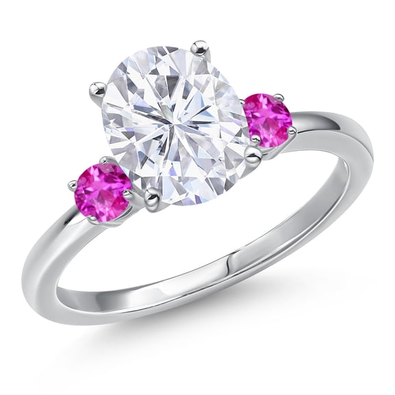 Gem Stone King 14K White Gold White Moissanite and Pink Sapphire Engagement Ring for Women | 3.27 Cttw | Oval 10X8MM | Gemstone Birthstone | Size 5