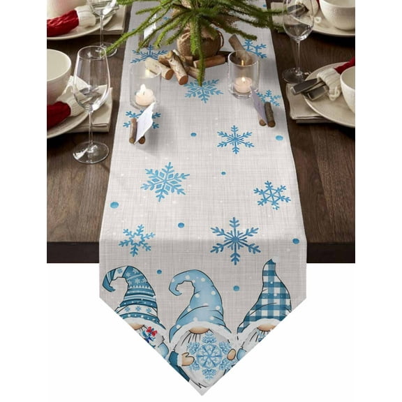 Table Runner Dresser Scarves Winter Christmas Cute Gnome Cotton Linen Burlap Table Cover Blue Snowflake on Burlap Table Runners for Family Kitchen Dining Holiday Party Banquet Decor