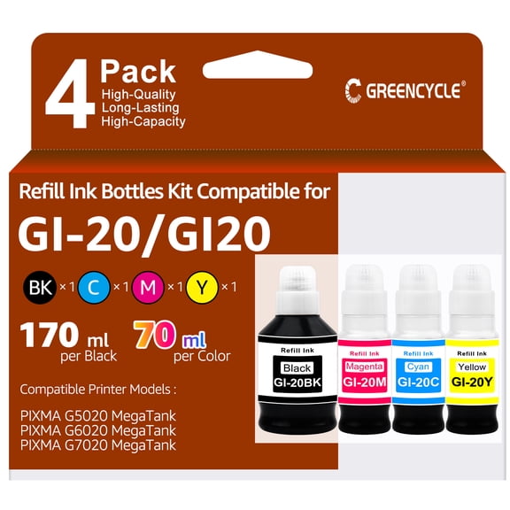 greencycle GI-20 GI20 Refill Ink Bottle Kit 4 Pack, Compatible for Canon PIXMA G6020 G7020 G5020 MegaTank Printer, 170mL Black Ink, 70mL Cyan Magenta Yellow Ink
