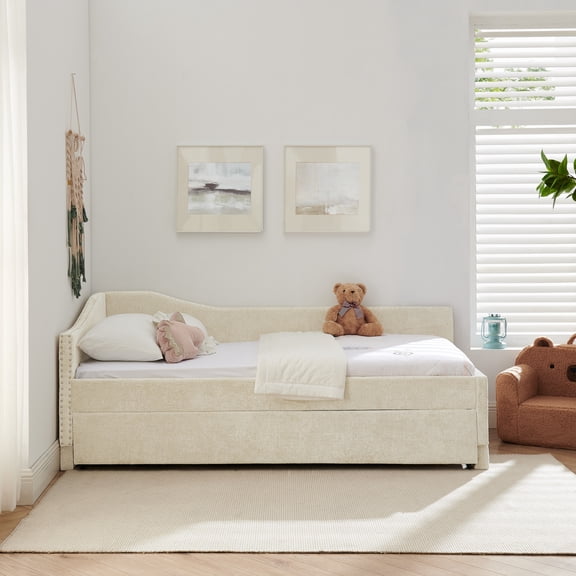 Noble House Phineas Twin Size Chenille Padded Daybed, Sofa Bed Frame with Twin Trundle and Charging Port, Beige