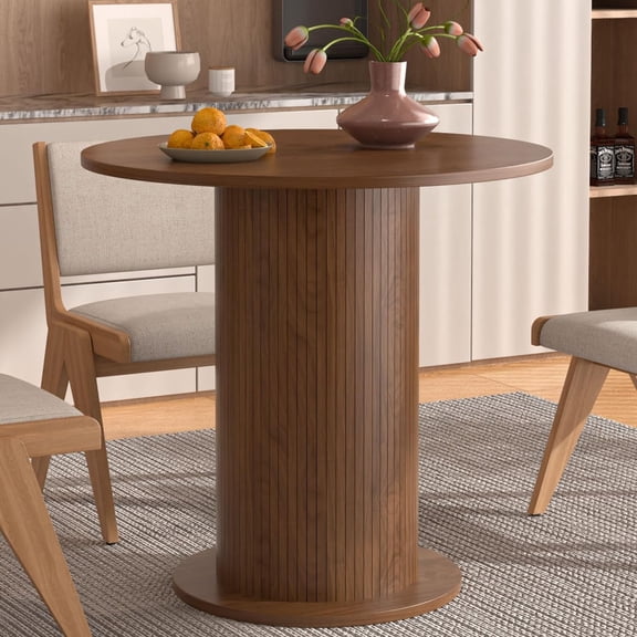 GODPAW 31.5" Round Modern Farmhouse Dining Table for 2, Small Circle Kitchen Table with Wood Strip Base for Living Room