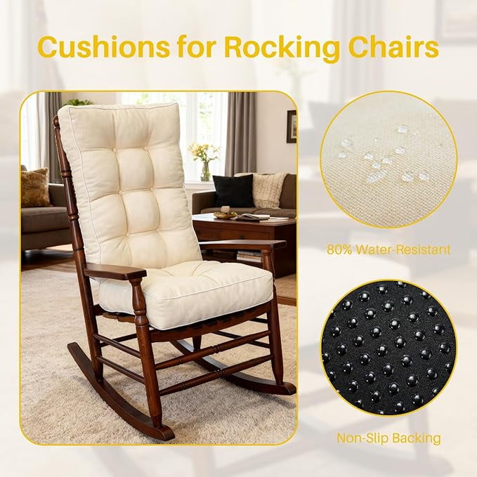 Parojati 22*17*5/17x17x5 Memory Foam Non Slip Rocking Chair Cushion, Set of Thicken Seat & Back Chair Cushions for Indoor/Outdoor Rocke,Waterproof Thicken Durable Tufted Pads,2 Piece, Beige