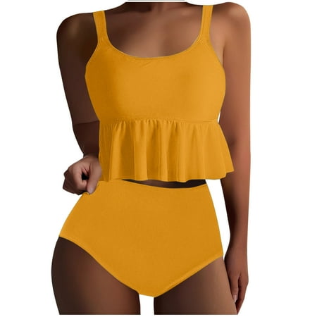 Women s High Waist Bikini Swimsuit Ruffle Two Piece Bathing Suit Tummy Control Modest Swimwear Tankini Top with Bikini Bottom Orange S Clearance
