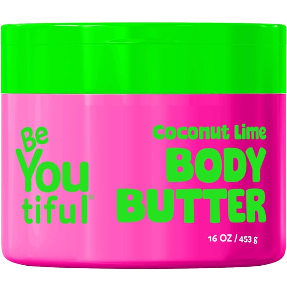 BeYoutiful Mantequilla corporal de lima y coco para piel seca, vitamina E, aceite de coco y manteca de karité, humectante hidratante sin crueldad para niños y adolescentes, 16 oz