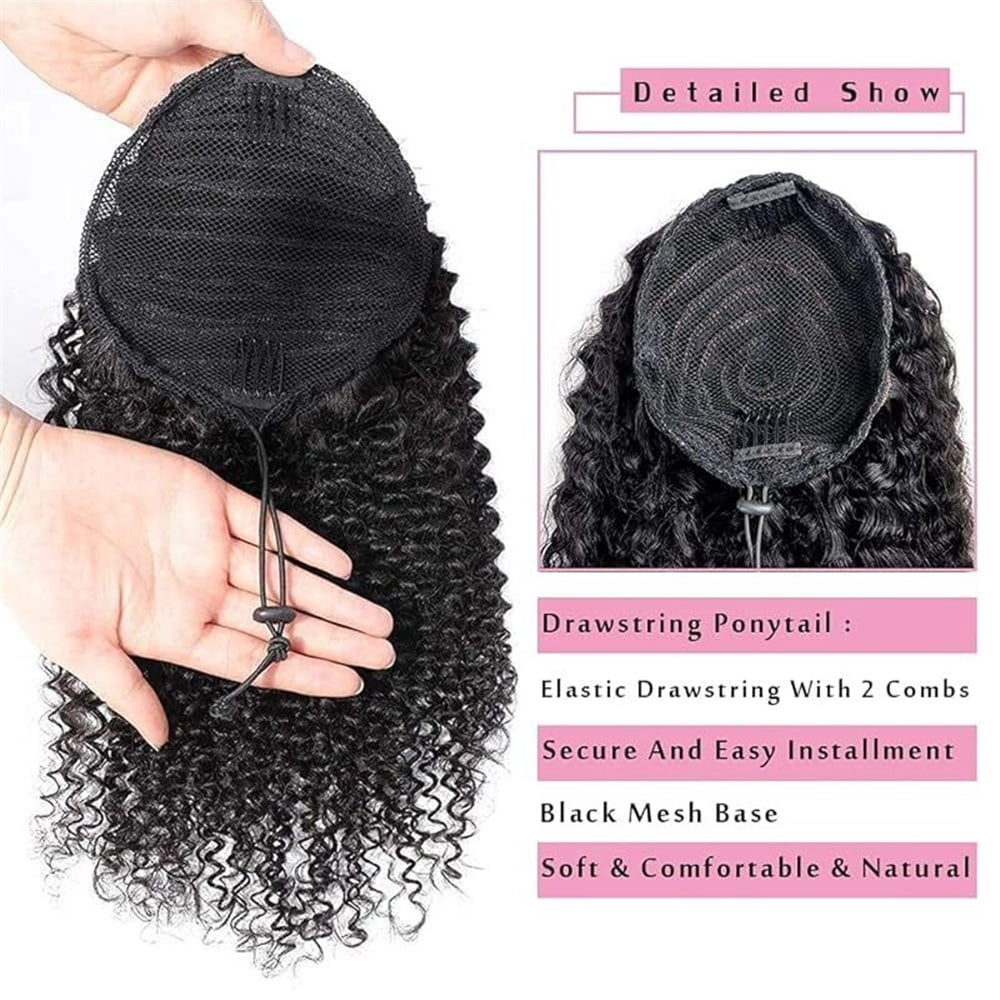 Deep Wave Ponytail Extensions for Black Women Human Hair Drawstring Pony Tail Natural Black Clip in Curly Hair Piece