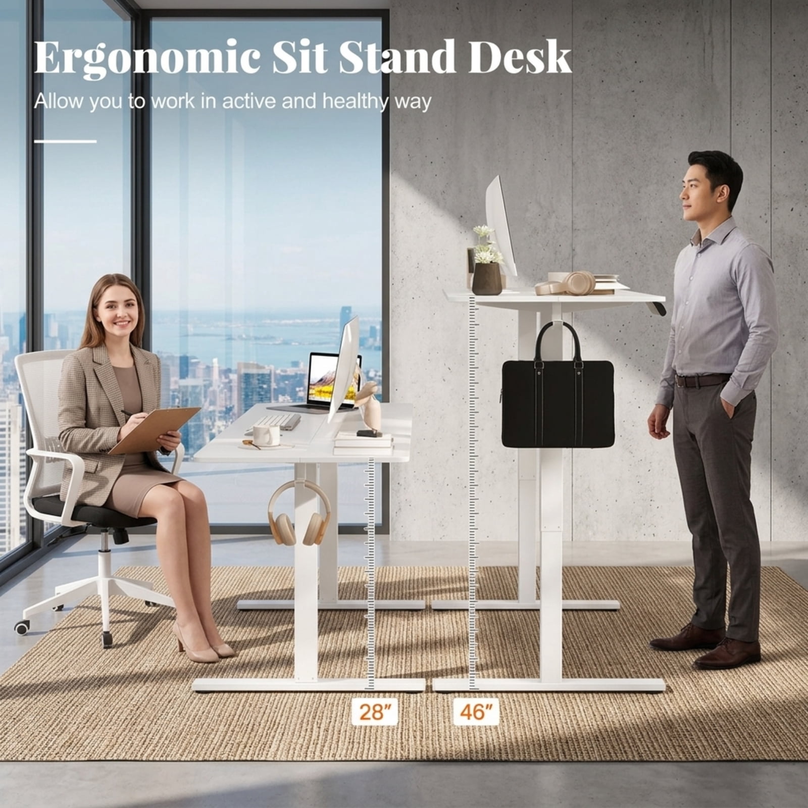 Furnibear Electric Standing Desk with 3 Memory Heights Adjustable Height Sit Stand Home Office Desk with Hooks and Cable Holes, White
