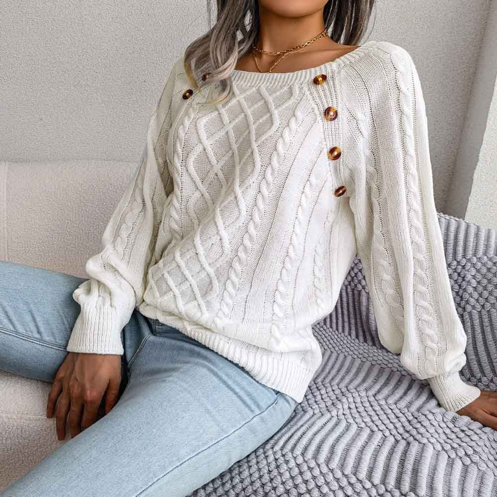 VSSSJ Women Fall Winter Casual Crew Neck Buttons Cable Knit Sweater Long  Sleeve Pullover Loose Comfy Solid Color Warm Sweaters White S