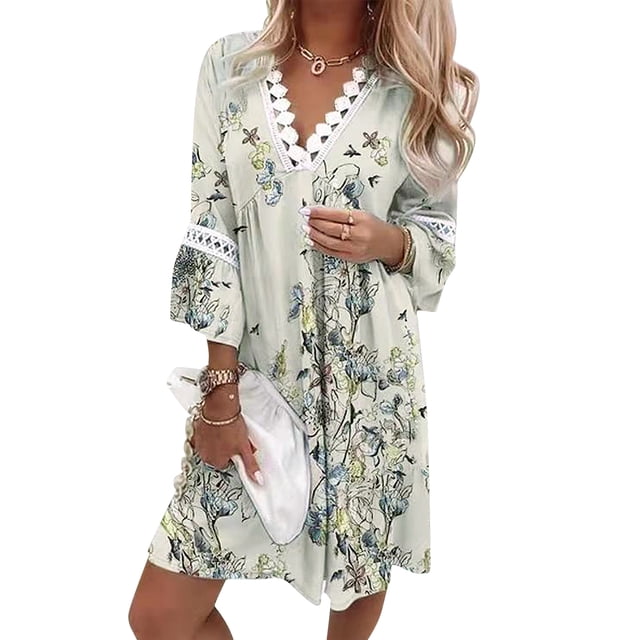 VISgogo Vestido suelto con cuello en V para mujer, bohemio 3/4 de manga larga con ribete de encaje, minivestido de playa fluido VISgogo moda