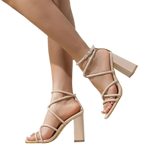 Pink Strappy Dress Sandals for Women Bridal Wedding 2026 Summer Fashion Leather Square Toe Chunky Block High Heels