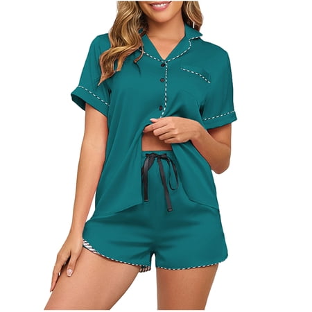 Floleo Women s Collar Color Blocked Short Sleeved Top with Drawstring Shorts Pajama Set Loose and Comfortable for Daily Leisure Vacation Party Fashion Clothing(Army Green M)
