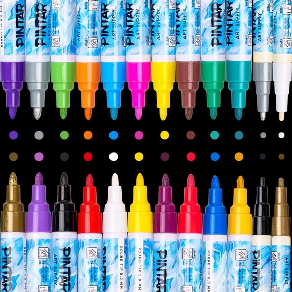 PINTAR Oil Based Paint Pens - Oil Paint Markers - Paint Pens For Rock Painting,Glass, Wood, Plastic, Canvas, Paper, Metal, Ceramic, & Fabric - 20 Medium Tip & 4 Fine Tip Colored Markers
