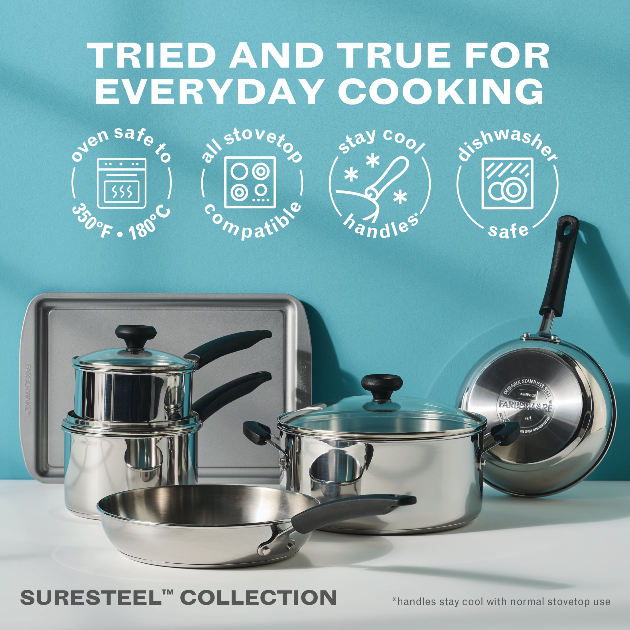 Farberware SureSteel 14 Pcs Stainless Steel Cookware Set Includes Baking Pan and Cooking Tools, Induction Compatible, Dishwasher Safe, Metal Utensil Safe, Stainless Steel