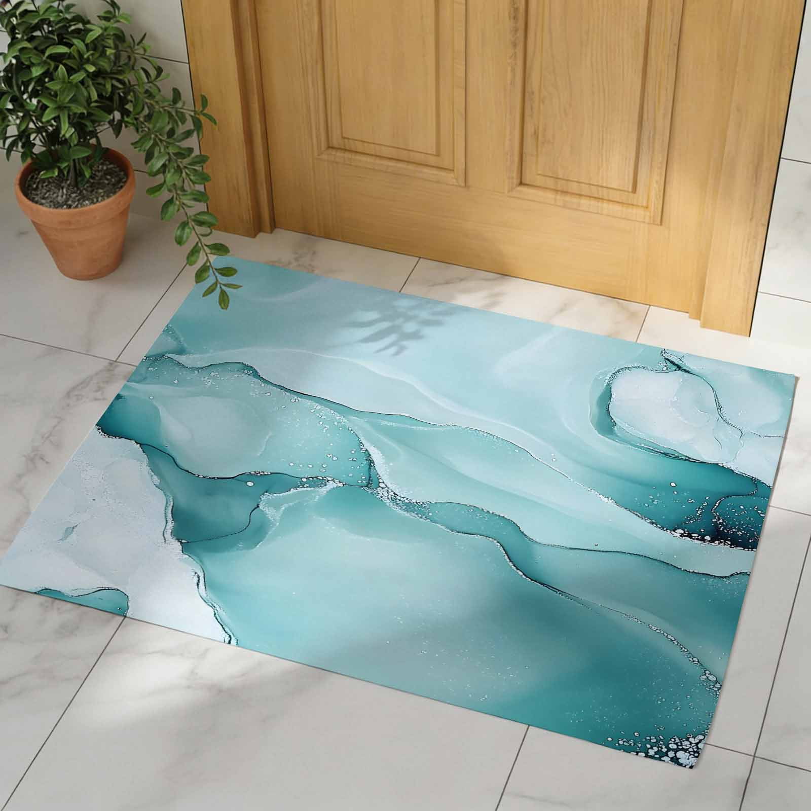 Turquoise Marble Indoor Door Mat - 16"x24", Non-Slip Welcome Mat for Outdoor, Modern Abstract Art Texture Watercolor Front Doormat for Entry, Low-Profile Doormat Entrance Rug for Kitchen/Bathroom