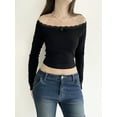 thumbnail image 2 of FEORJGP Women Off-Shoulder Pullovers Long Sleeve Shirt Lace Patchwork Blouses Slim Fit Crop Tops Casual Summer Fall Clothes for Club Streetwear Aesthetic, 2 of 9