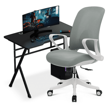 Magshion Computer Desk & Chair Set, Adjustable Height Rolling Office Chair with Flip Up Armrest & Writing Table Workstation with 2 Cable Management Grommets, Grey/Black