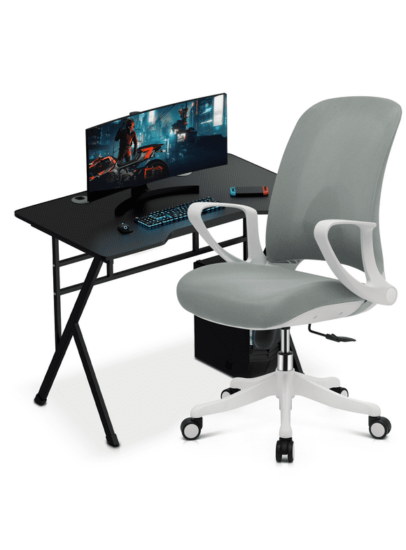 Magshion Computer Desk & Chair Set, Adjustable Height Rolling Office Chair with Flip Up Armrest & Writing Table Workstation with 2 Cable Management Grommets, Grey/Black