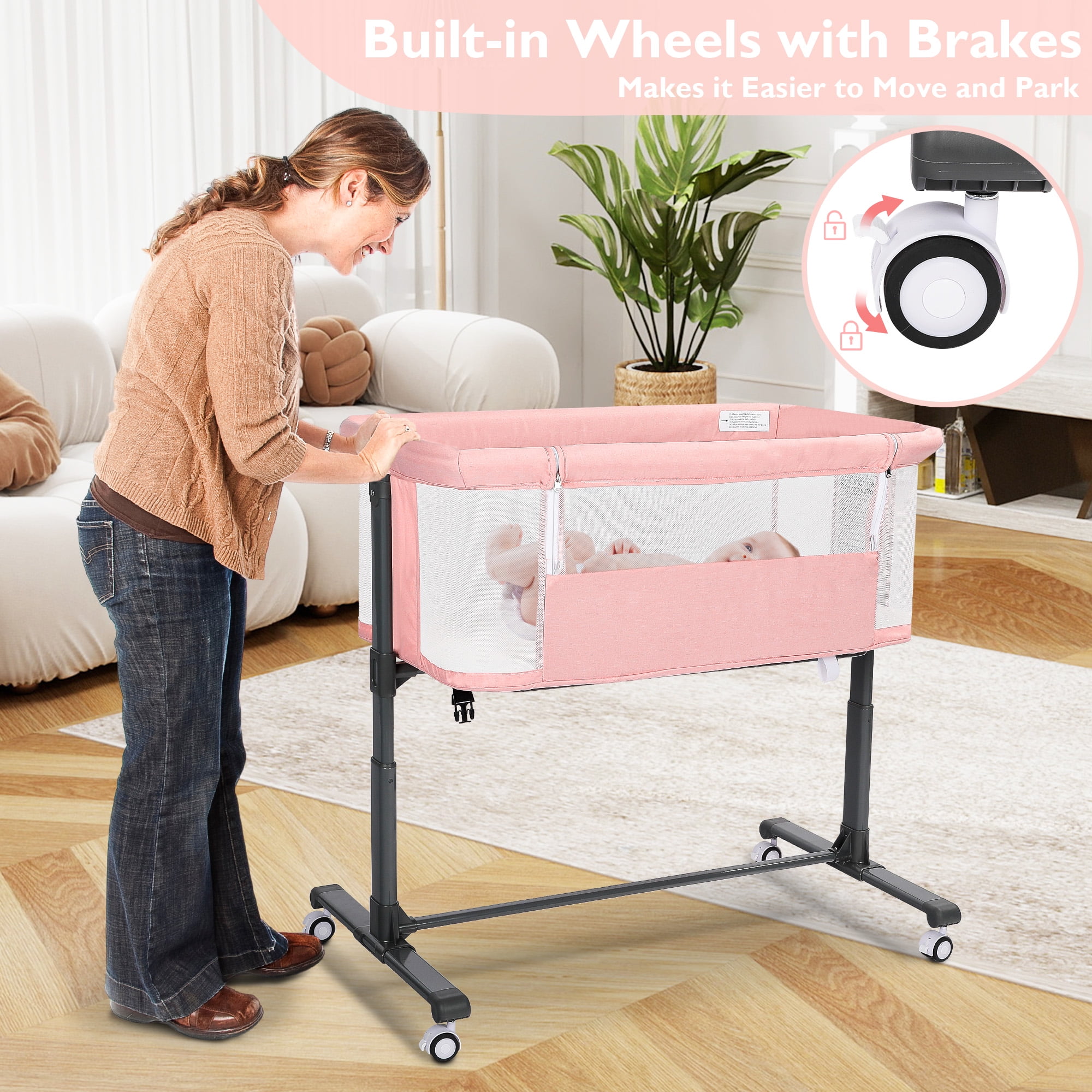 AILEEKISS Baby Bassinet with Wheels Adjustable Bedside Sleeper Bassinet Newborn Baby Crib, Pink