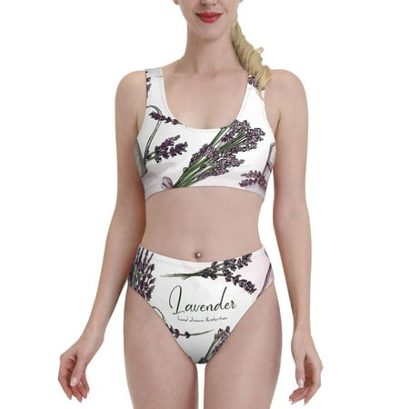 Bixox Lavender Herbs and Plants Pattern Two-Piece Sports Bikini with U-Shaped Top and High-Waist Bottom - Women s Swimwear with Removable Bra Pads