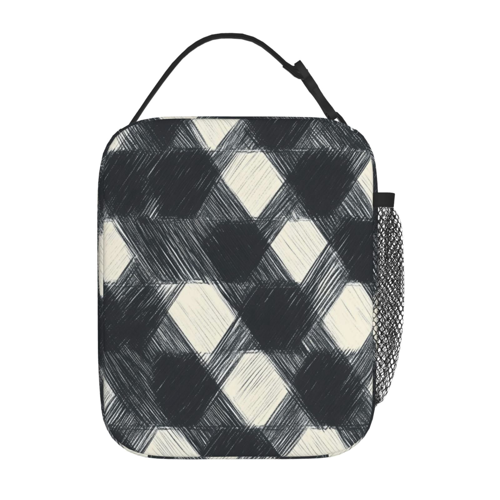 Lunch Bag For Women Men Insulated Portable Lunch Box Bento Box Office Picnic Travel Cooler Bag Darkgray Checked Hand-Drawn Sketch_1
