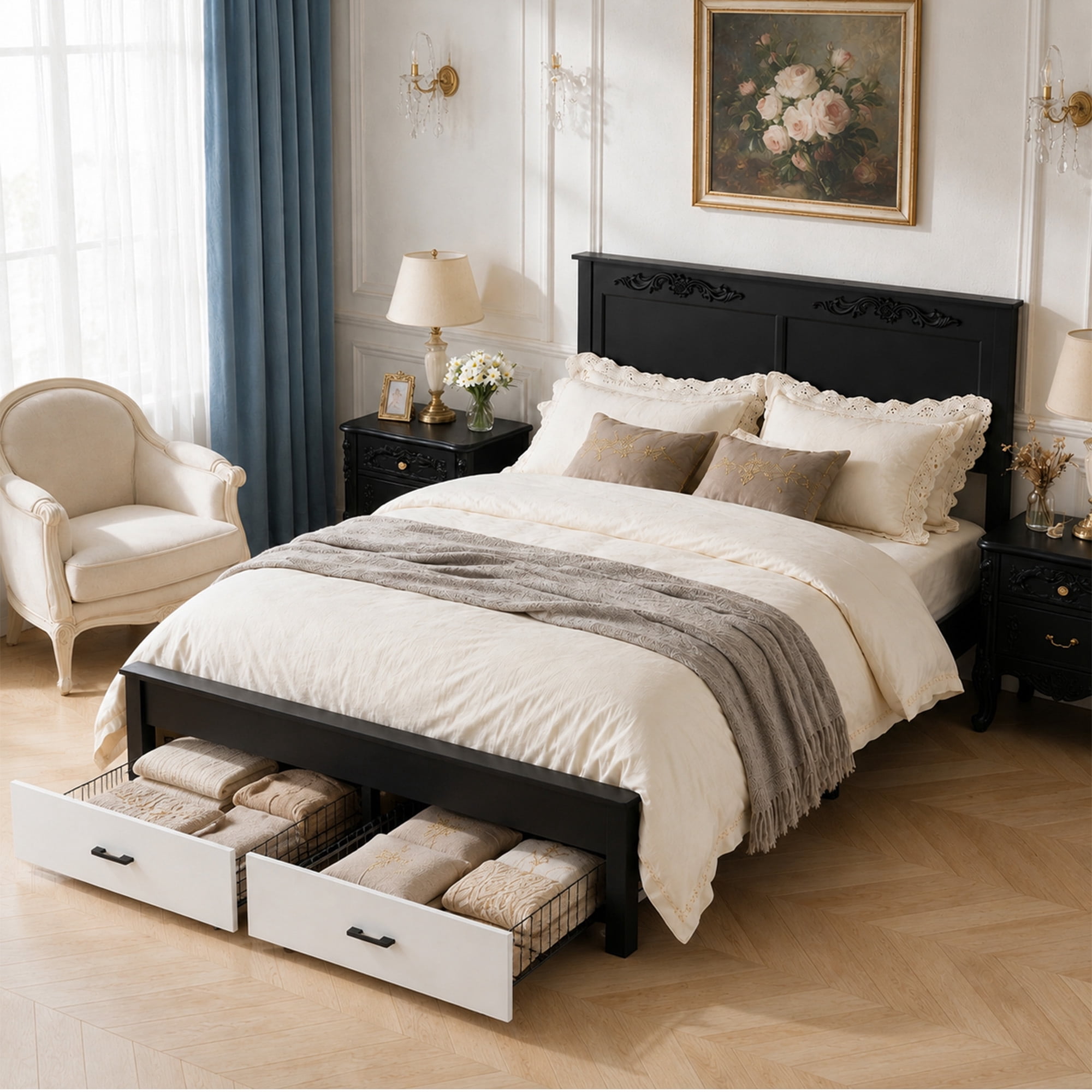 Queen Size Rustic Farmhouse-Style Furniture, Sturdy Frames, Noise-Free Design, Under-Bed Storage Space