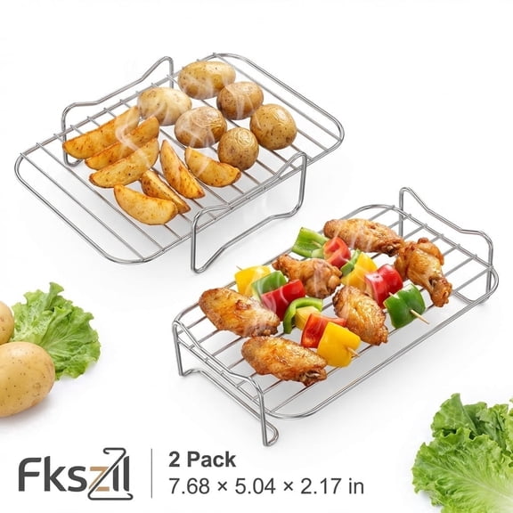 Air Fryer Rack XL Air Fryer Accessories Set of 2, Double Layer Rack with Skewer, Stackable Metal Holder,Dishwasher Safe