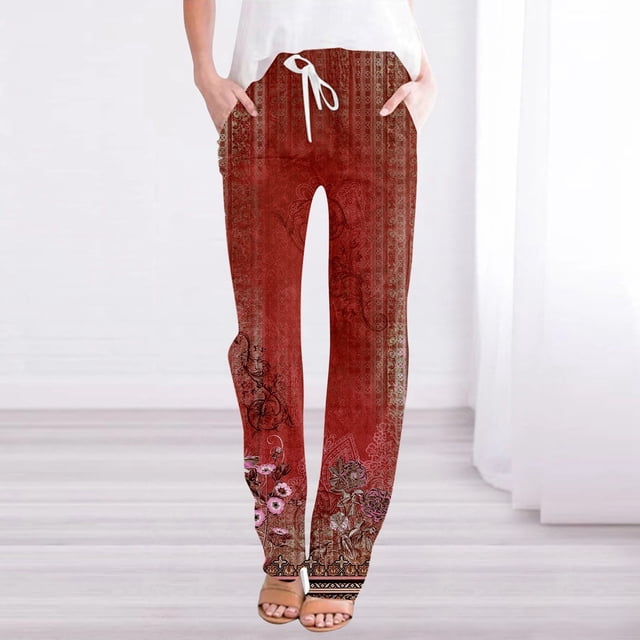 WILLBEST Pantalones Casuales elegantes para Mujer: Pantalones Ligeros de Lino con Cintura Alta y Estampado Bohemio con Bolsillos para Playa y Uso Diario. XXXL