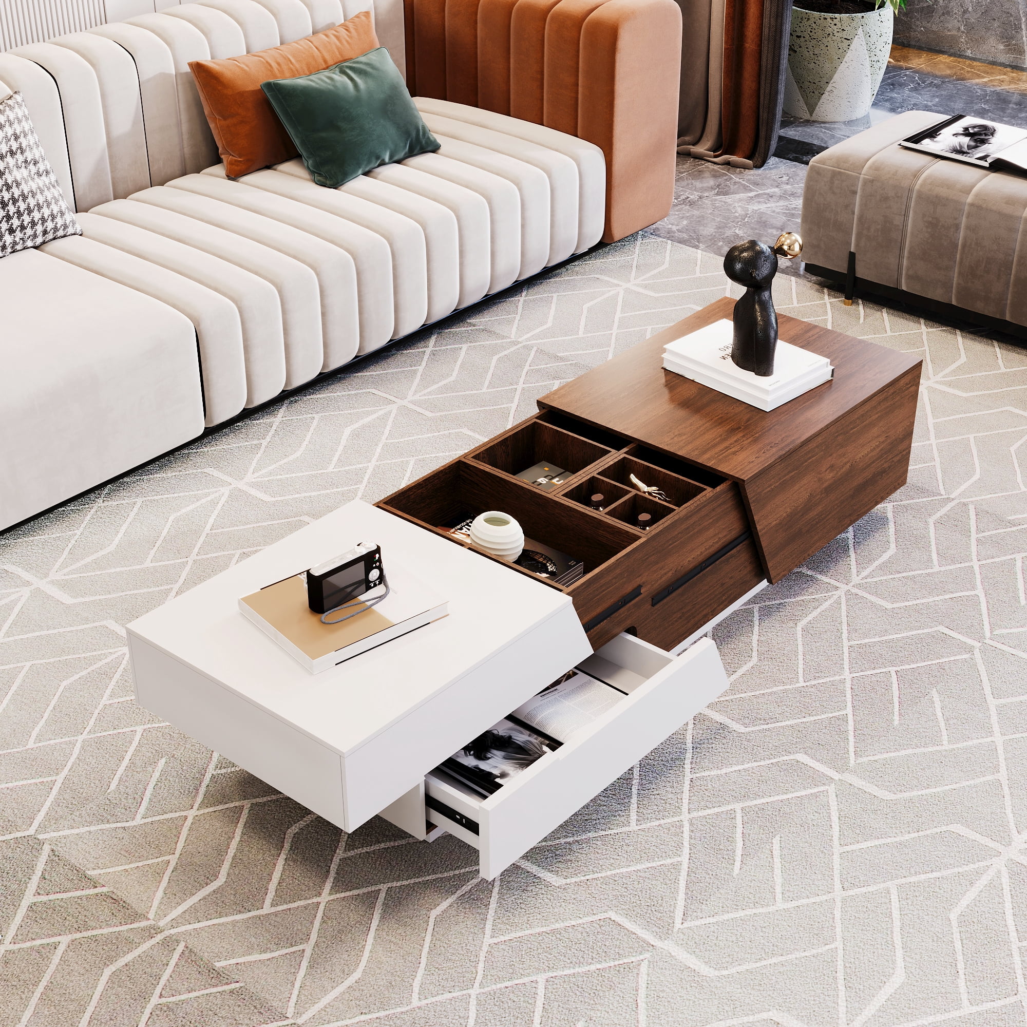 Euroco Modern Coffee Table with Extendable Sliding Top, Hidden Storage, Dual-Tone White and Walnut Finish, MDF Construction for Living Room