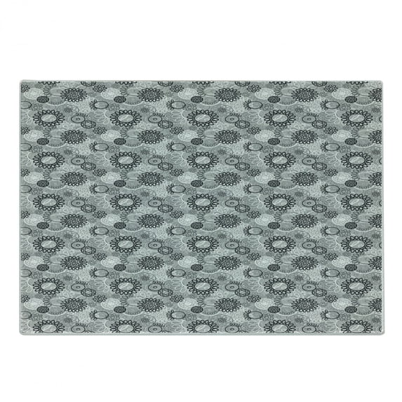 Black and Grey Cutting Board, Doodle Style Blooming Flowers Greyscale Garden Art with Circles, Decorative Tempered Glass Cutting and Serving Board, Small Size, Black Pale Grey White, by Ambesonne