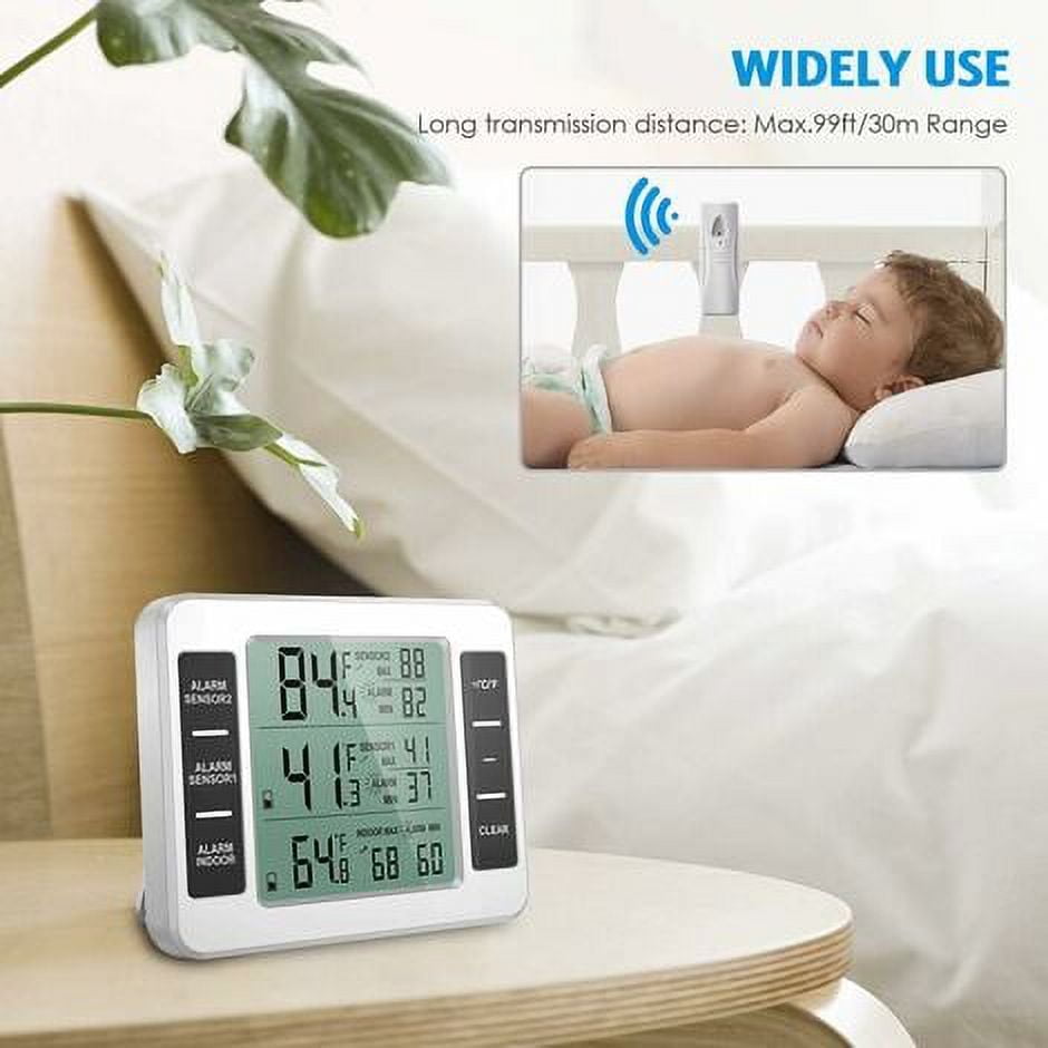 Fridge Thermometer, Fridge Thermometer with Freezer Alarm, Wireless Indoor Outdoor Thermometer with 2 Sensors, MIN/MAX and Temperature Alarm, Connected Thermometer for Home
