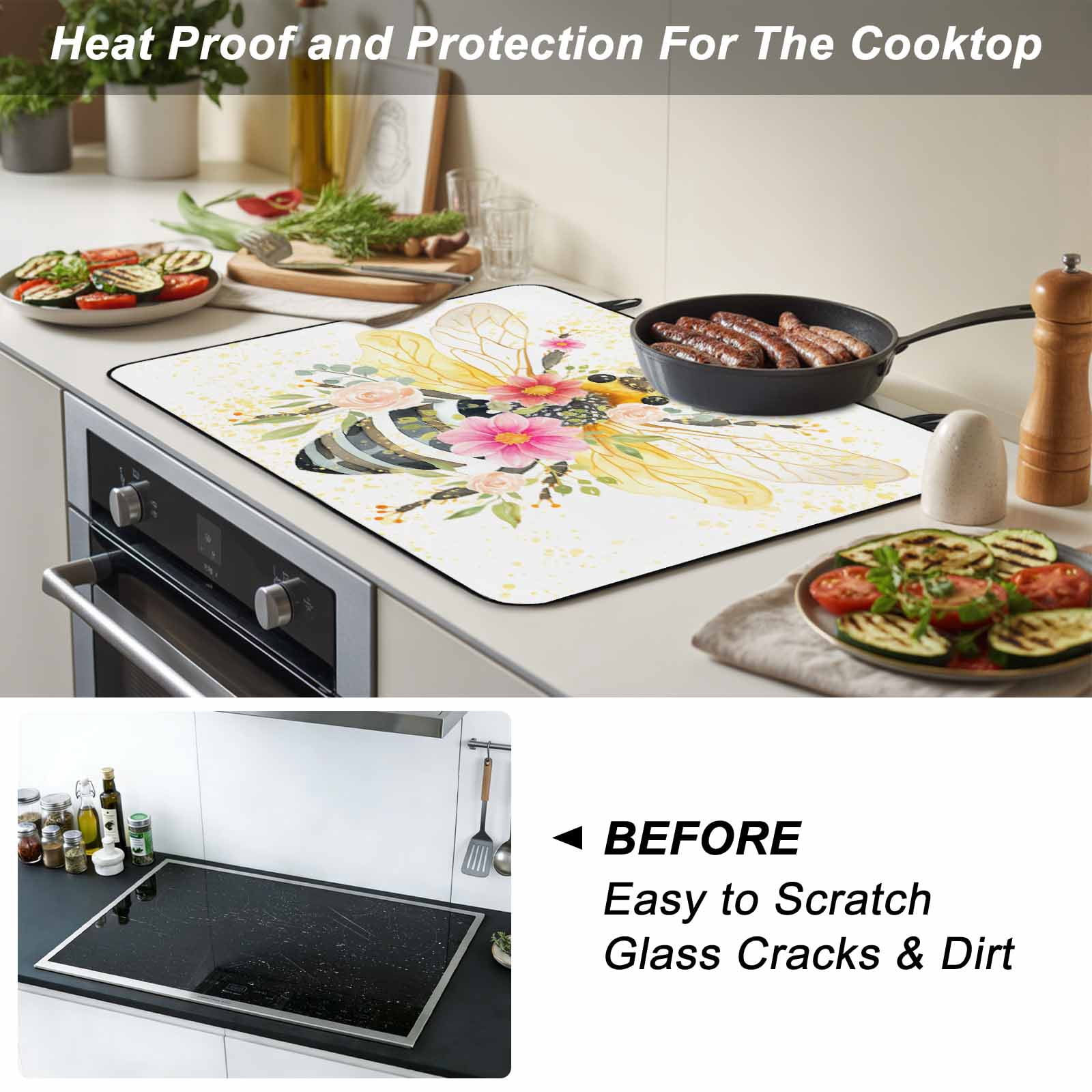 Summer Bee Stove Top Cover for Electric Stove, Heat-proof & Non Slip Glass Top Stove Cover Protector, Spring Floral Botanical Watercolor Kitchen Flat Cooktop Rubber Mat 24x21 Inches