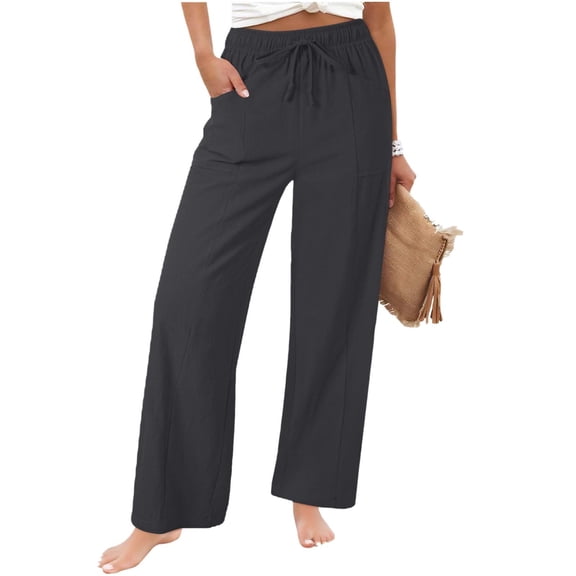 Endives Linen Pants For Women Wide Leg Pants High Waist Tie Up Solid Color Vacation Pant With Pockets Dark Gray