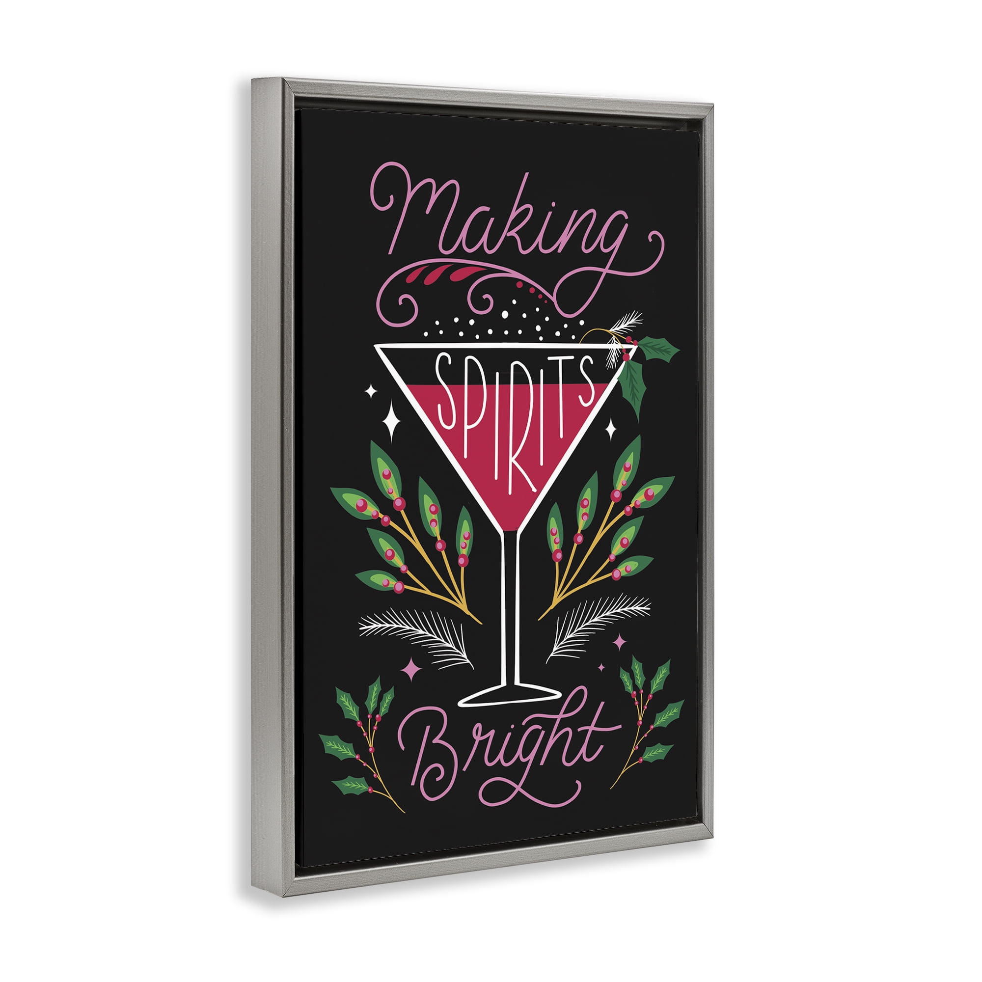 Stupell Industries Making Spirits Bright Martini Holiday Painting Gray Floater Framed Canvas Art Prints Wall Art, 17 x 25