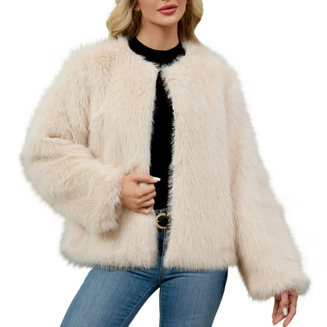 WRKEKC Manteau en Fausse Fourrure pour Femmes Veste d'Hiver Douce Chaude de Luxe Col Rond Manches Longues Couleur Unie Décontractée pour Temps Froid Beige A TG