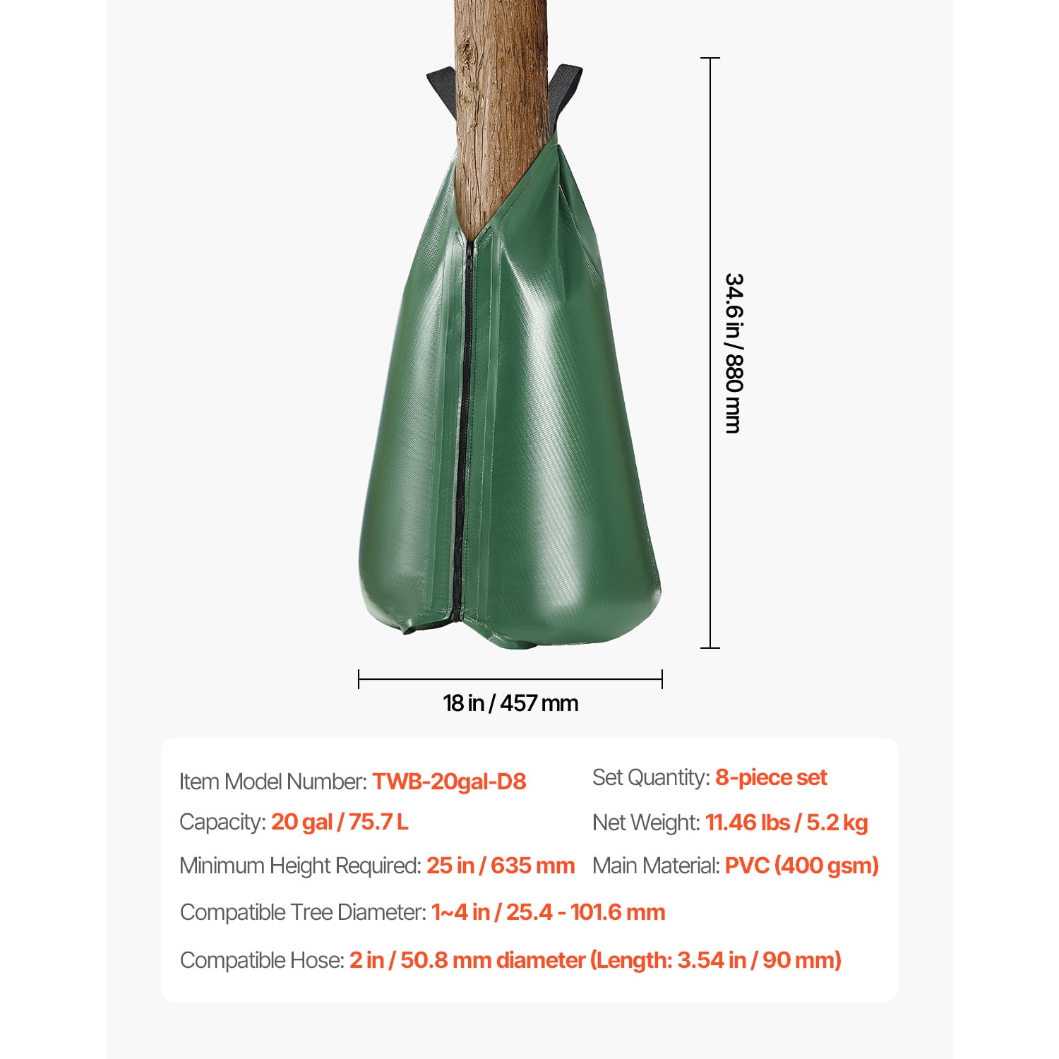 KFFKFF Tree Watering Bag, Set of 8, 20-Gallon Capacity for New Trees, 5-9 Hours Slow Release Drip Irrigation Bags with Zipper, Sturdy Watering Solution for Deep Root Hydration