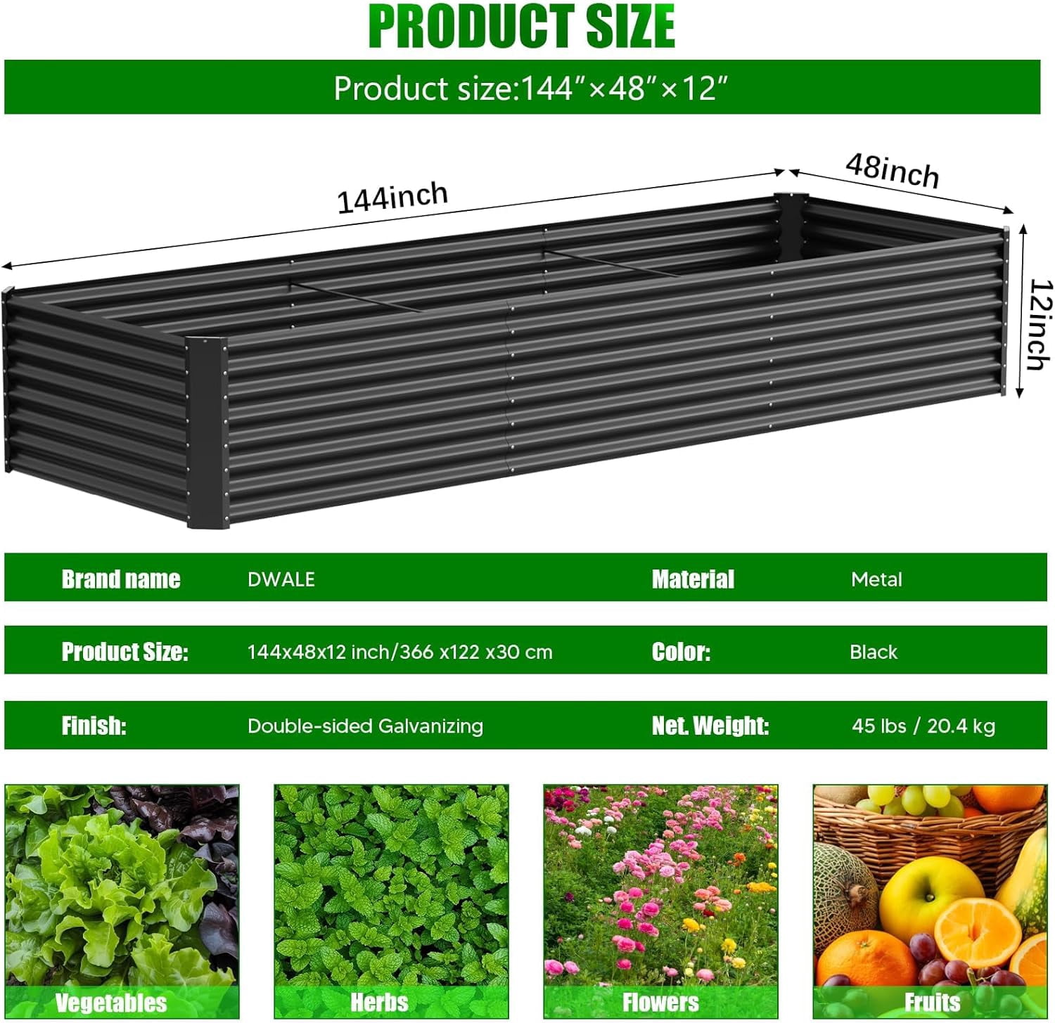 Raised Garden Bed, 12×4×1ft Large Outdoor Metal Planter Box, 266 Gal Soil Capacity, Galvanized Raised Garden Bed Kit for Flower Plants, Fruits, Vegetable Herbs