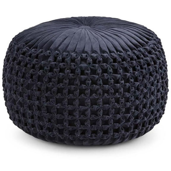 Trent Home Boho Round Pouf in Navy Velvet Fabric