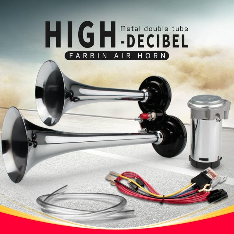 Farbin Car Horn 12V 150db Super Loud Air Horn,Chrome Zinc Dual Trumpet Air Horns,Truck Horn with Compressor Wire Harness and Button,for Any 12V