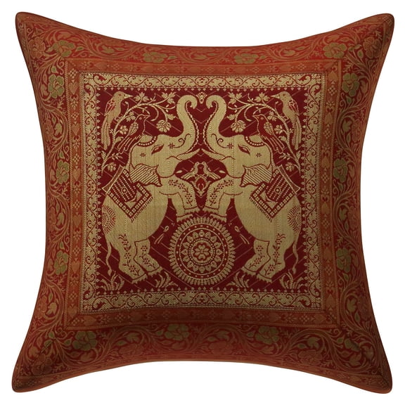 Stylo Culture Ethnic Couch Throw Pillow Cover 16x16 Jacquard Maroon Square 40 x 40 cm Bedroom Decor Pillowcase Brocade Elephant Zippered Cushion Cover | 1 Pc