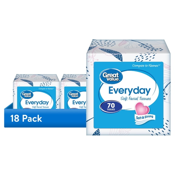 (18 pack) Great Value Everyday Soft Facial Tissues, 1 Cube, 70 Tissues per Cube, 2-Ply, Compare to Kleenex®