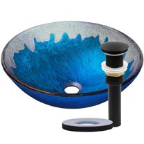 NOHP-G017MB Diaccio Blue and Silver Painted Glass Vessel Sink with Matte Black Pop-Up Drain, Mounting Ring and Glacier Ice Sealer