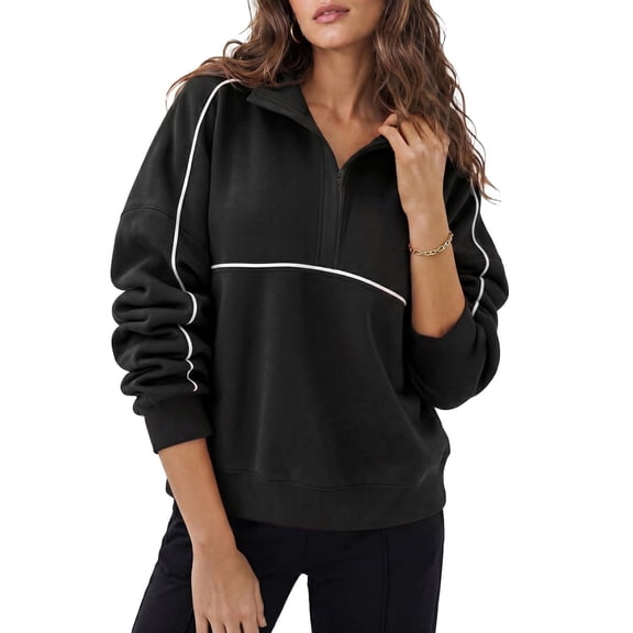 Women's Half Zip Pullover Sweatshirt, Loose Stand Collar Top with Contrast Piping and Long Sleeves