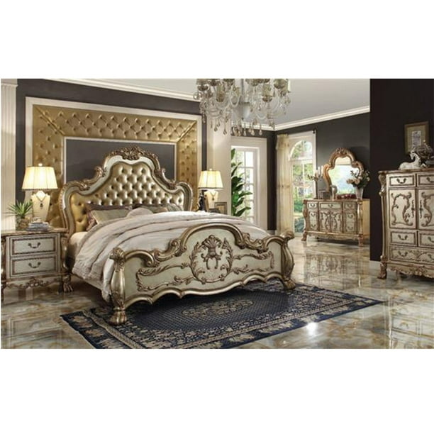 4pc Bedroom Furniture Set On Tufted, Gold Upholstered Headboard Bedroom