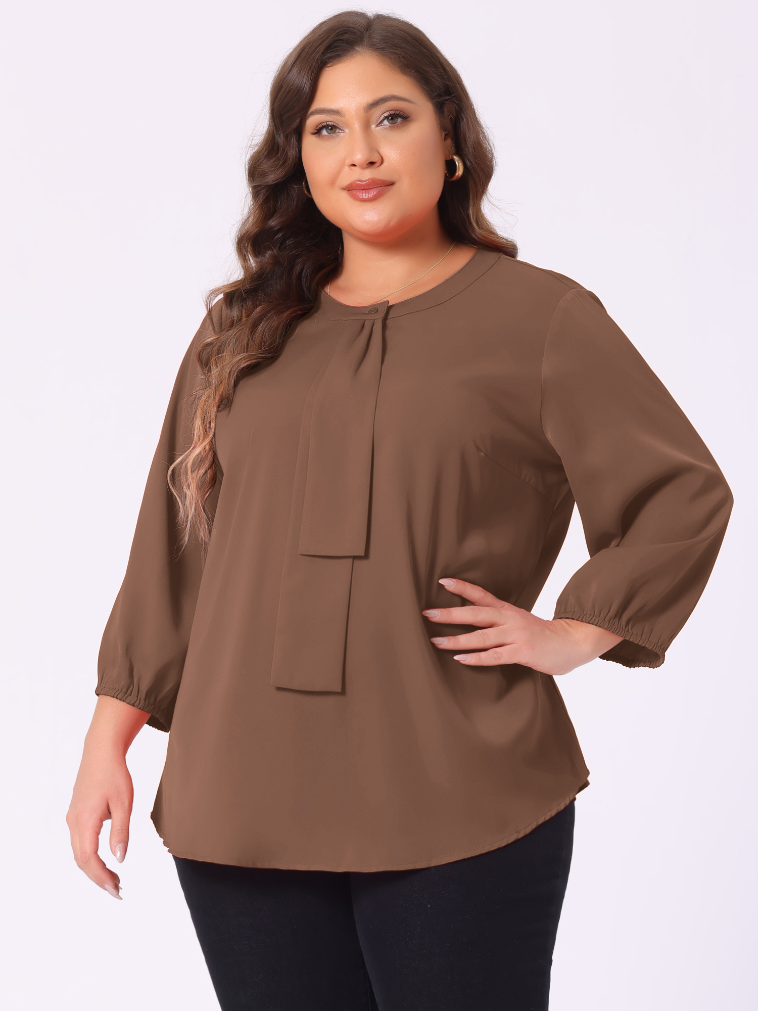 DARING DIVA Women's Plus Round Neck Work Ruffle Chiffon Top 3X Dark Brown