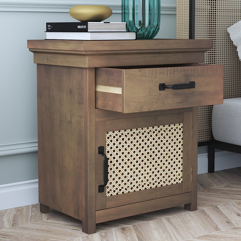 Private Jungle Rustic Nightstand with Drawer and Rattan Design Cabinet,Modern Wooden Bedside Table End Table for Living Room and Bedrooms,Natural Private Jungle Rustic Nightstand with Drawer and Rattan Design Cabinet,Modern Wooden Bedside Table End Table for Living Room and Bedrooms,Natural