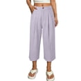 thumbnail image 5 of XPMWRP Women's High Waist Pleated Wide Leg Capri Pants Button Closure Casual Loose Trousers with Pockets Stretchy for Work Purple XXL, 5 of 5