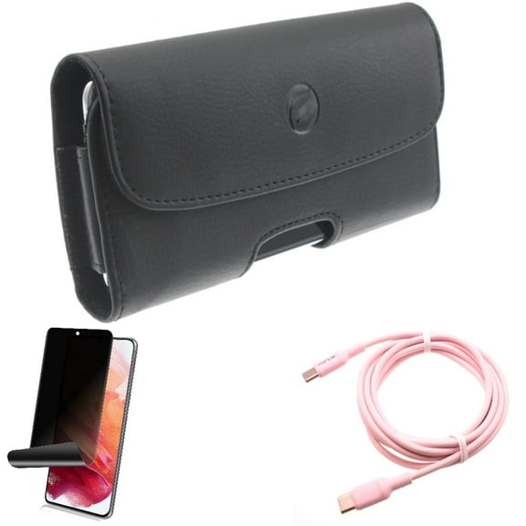 Case Belt Clip w Privacy Screen Protector w Pink 10ft Long Cable for Samsung Galaxy S21 Plus - Leather Holster, TPU Film Fingerprint Works, USB-C to Type-C PD Fast Charger Accessory Bundle