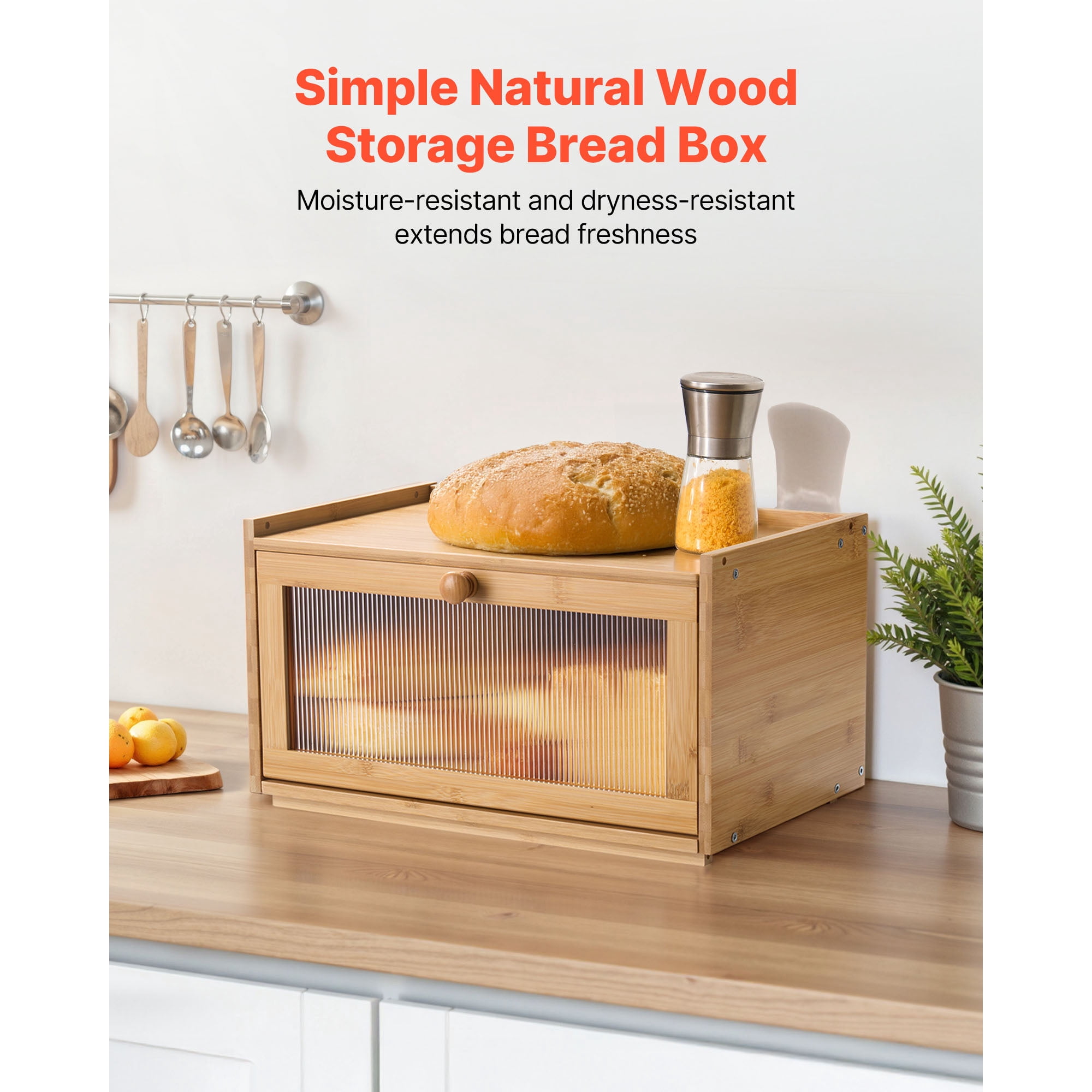 KFFKFF Large Capacity Bamboo Bread Storage Box for Kitchen Counter, Wooden Organizer for Homemade Bread with Acrylic Wavy Door, Natural Farmhouse Design